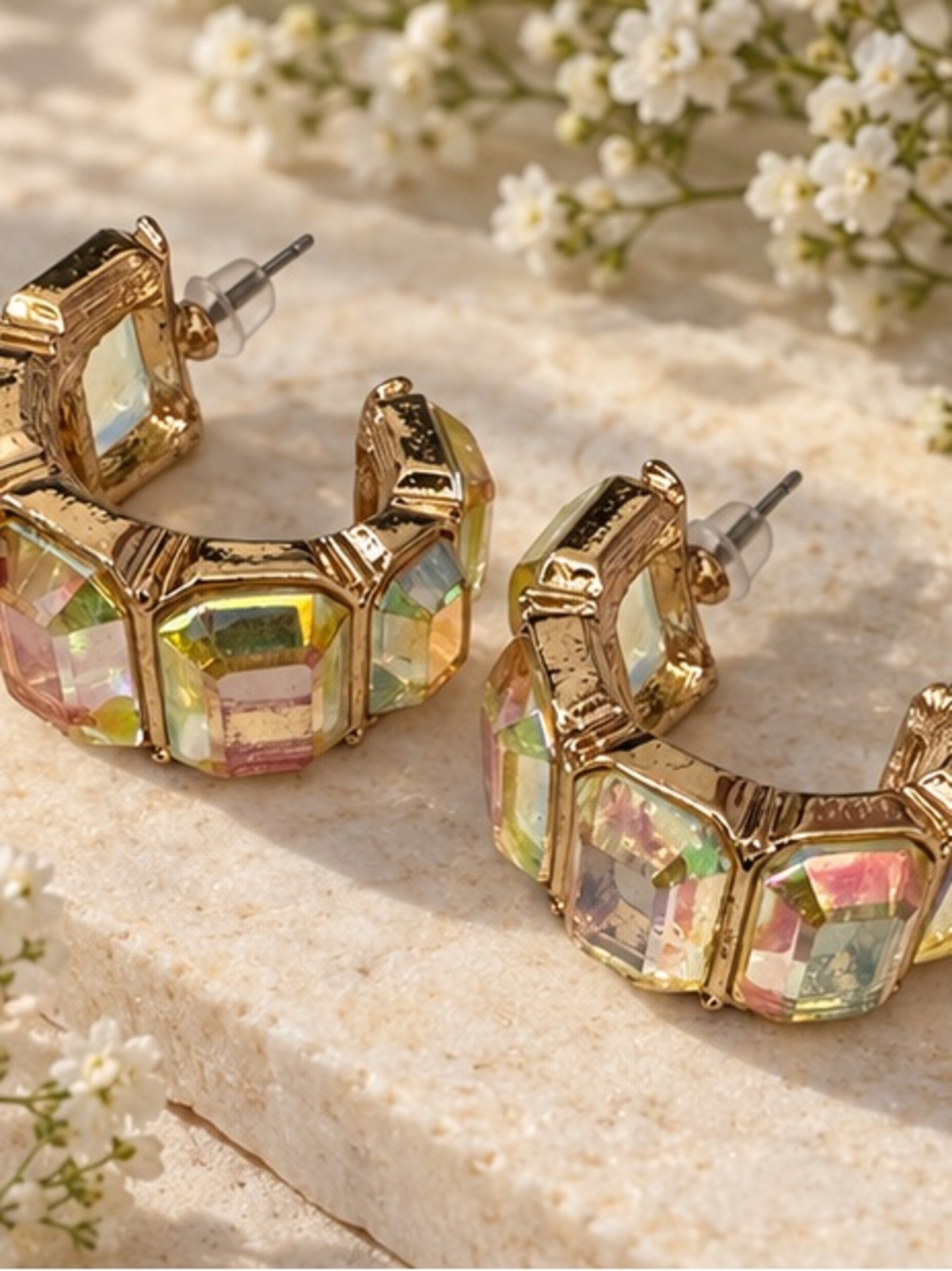 Gold Tone Iridescent Rectangle Crystal Statement Hoop Earrings